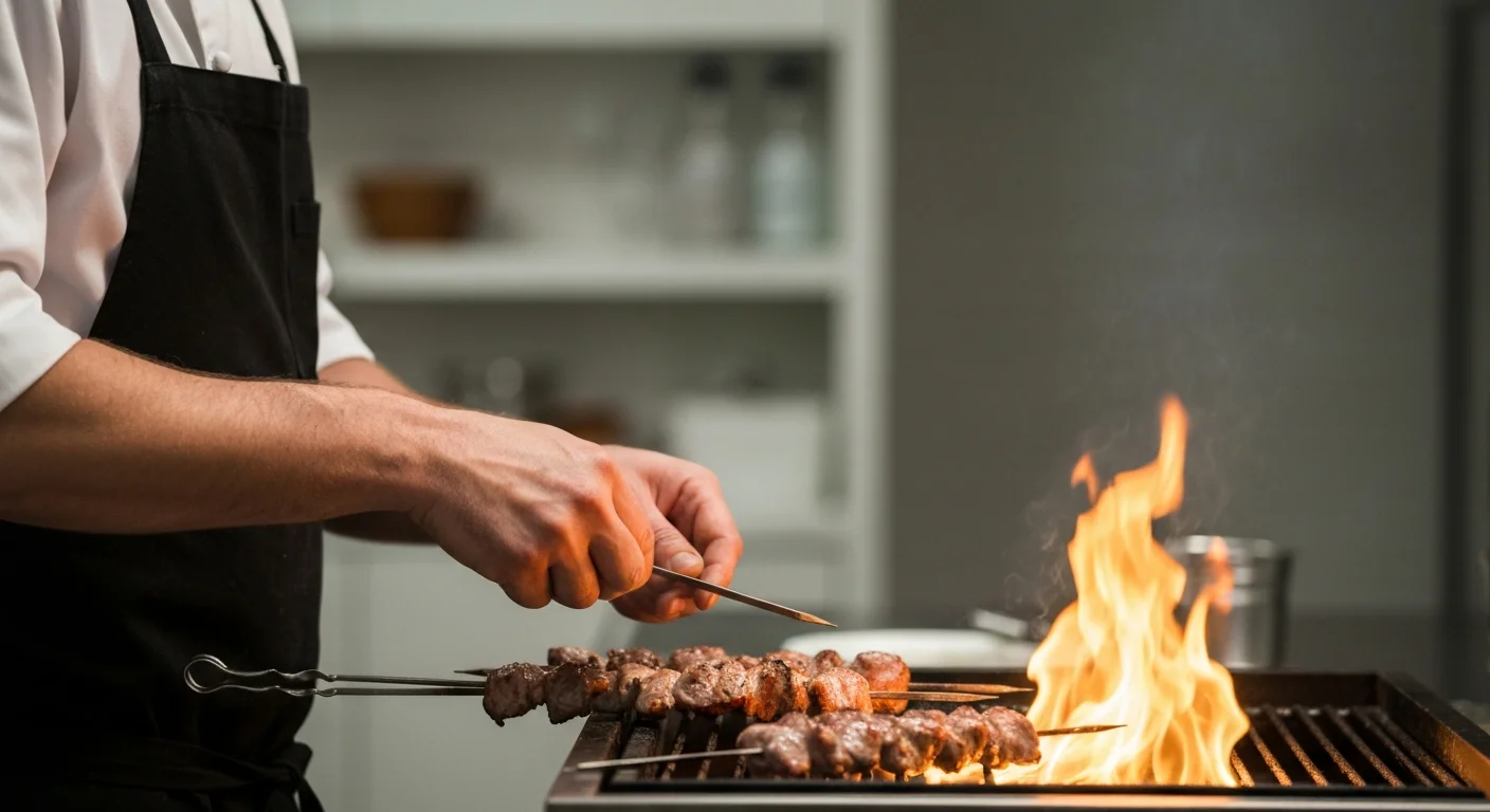 炭火で焼き上げた牛串を数本まとめて皿に盛り付けた料理のクローズアップ