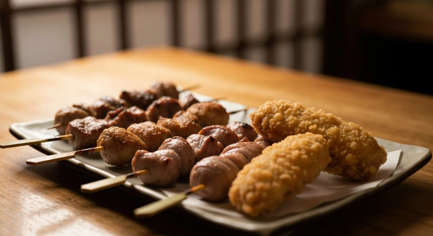 串焼きと揚げ物、小鉢が並ぶ居酒屋料理の盛り合わせ